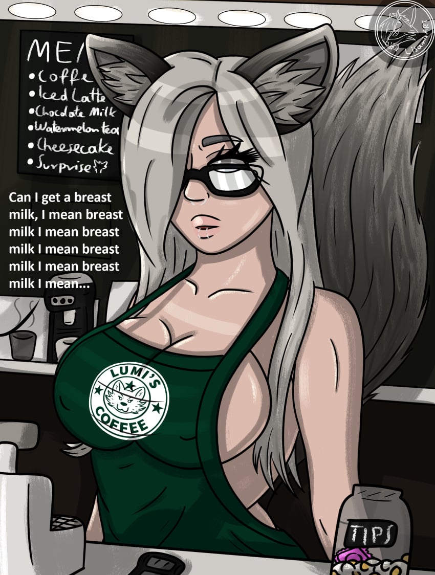 barista big_breasts coffee employee employee_uniform furry glasses goth_girl milk oc starbucks