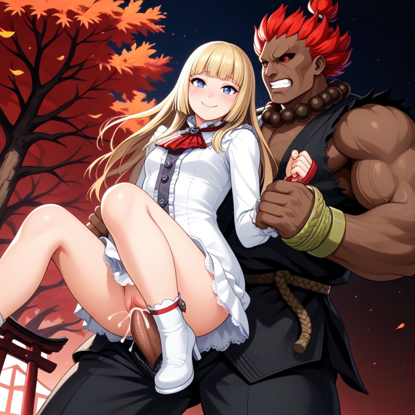 1boy 1girls age_difference ai_generated akuma autumn blonde_hair blue_eyes blush capcom crossover cum cum_in_pussy cum_inside dougi dress dress_lift emilie_de_rochefort fingerless_gloves gloves leandroff5 long_hair maple_leaf muscular muscular_male no_panties outdoor_sex outdoors prayer_beads pussy red_eyes red_hair reverse_suspended_congress self_upload sex shirt shoes size_difference sleeveless sleeveless_shirt straight street_fighter tekken tekken_7 torii torn_clothes torn_sleeves uncensored vagina vaginal_penetration vaginal_sex white_dress white_shoes