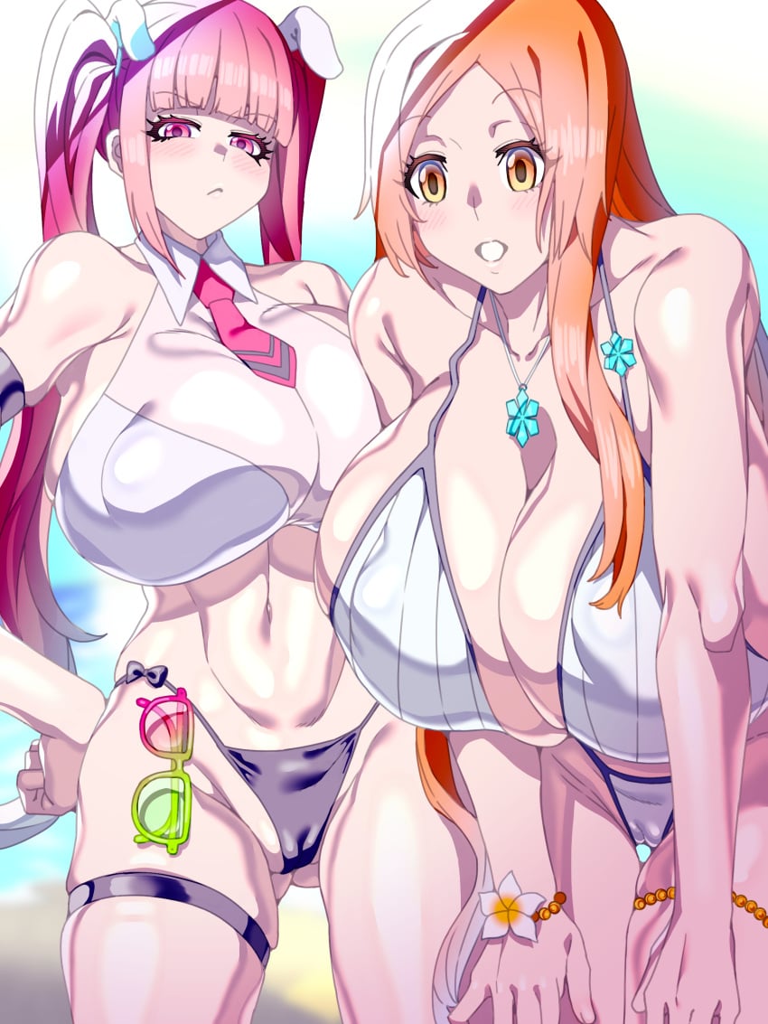 2girls alternate_breast_size big_breasts bleach breasts cleavage dokugamine_riruka huge_breasts inoue_orihime large_breasts long_hair looking_at_viewer orange_hair pink_hair skimpy swimsuit thong