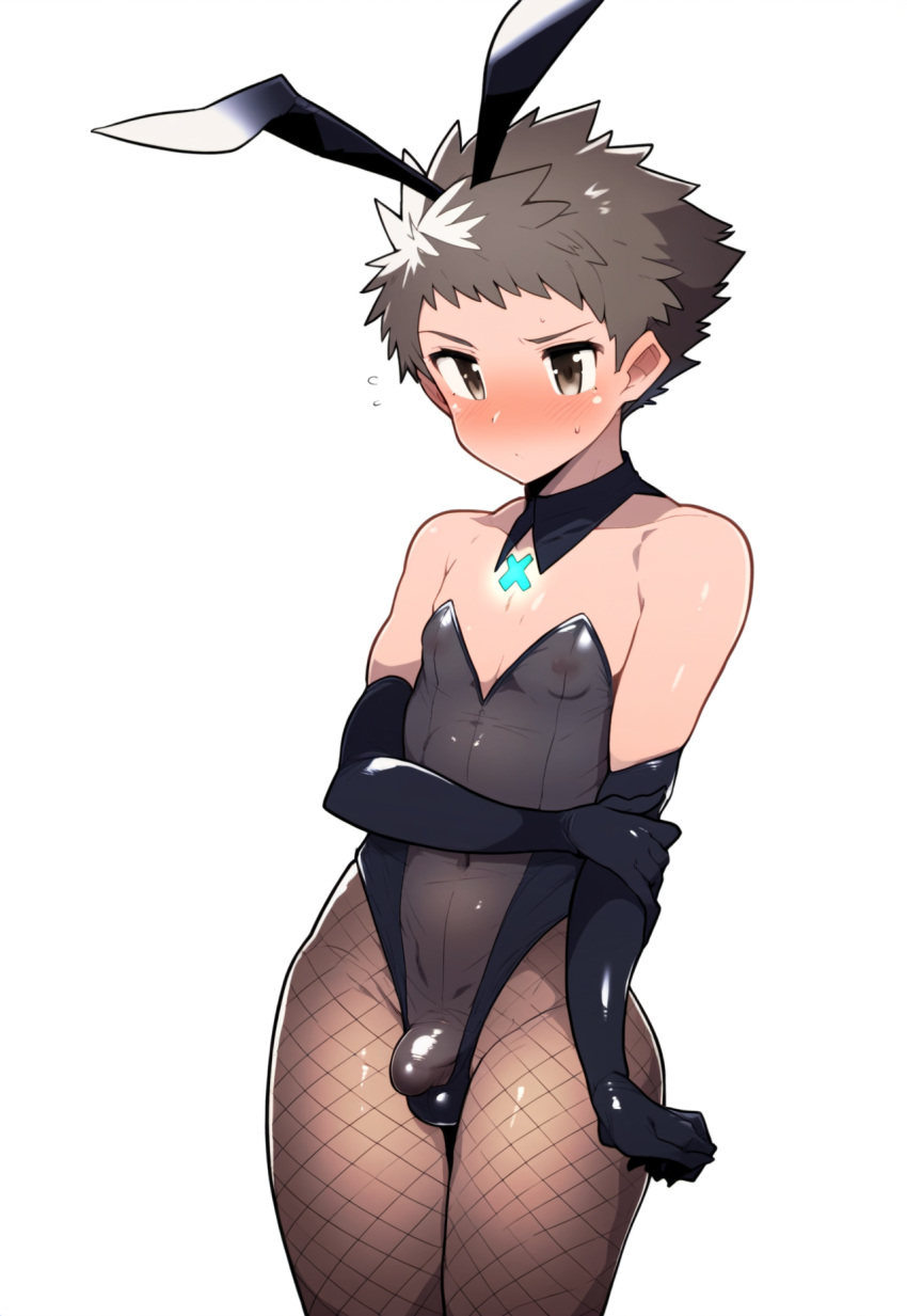 1boy ai_generated arm_grab blush brown_hair bulge core_crystal_(xenoblade) elbow_gloves embarrassed femboy fishnet_pantyhose flat_chest hand_on_own_arm holding_own_arm leotard male_focus nsfw otoko_no_ko playboy_bunny rex_(xenoblade) robofun see-through short_hair sissy spiked_hair translucent translucent_bunnysuit trap xenoblade_chronicles_2