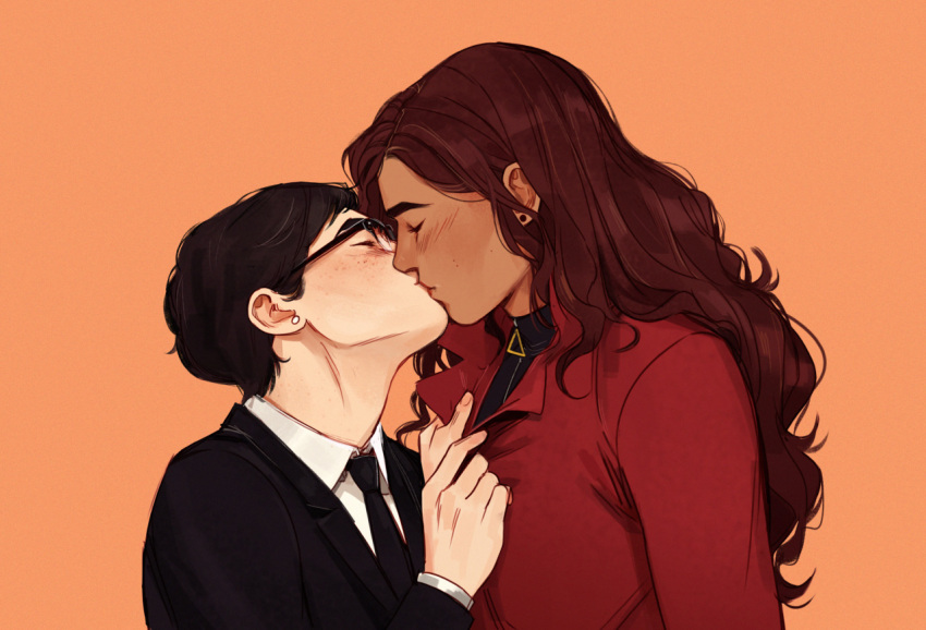 2girl 2girls carmen_sandiego carmen_sandiego_(2019) carmen_sandiego_(franchise) chocolate_and_vanilla closed_eyes clothed female female_focus female_only glasses julia_argent julia_argent_(carmen_sandiego) kissing long_hair multiple_girls red_coat short_hair suit suit_and_tie yuri