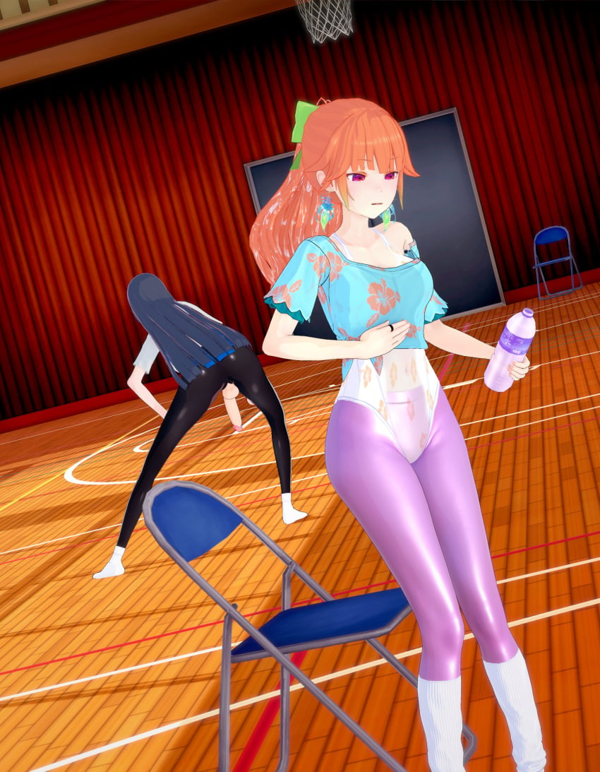 3d almost_caught alternative_costume clueless confused cum_on_hair feigning_innocence futanari hololive hololive_english koikatsu ouro_kronii ponytail randomfella0 standing takanashi_kiara virtual_youtuber water_bottle wet_clothes