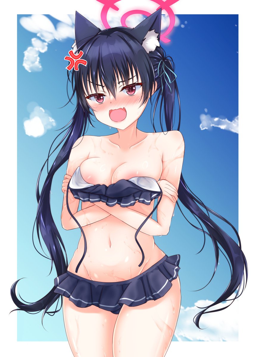 1girls animal_ear_fluff animal_ears arms_under_breasts bikini black_hair blue_archive blue_sky blush cat_ears catgirl crossed_arms embarassed kemonomimi nipples outside red_eyes ribbon serika_(blue_archive) serika_(swimsuit)_(blue_archive) swimsuit twintails wardrobe_malfunction