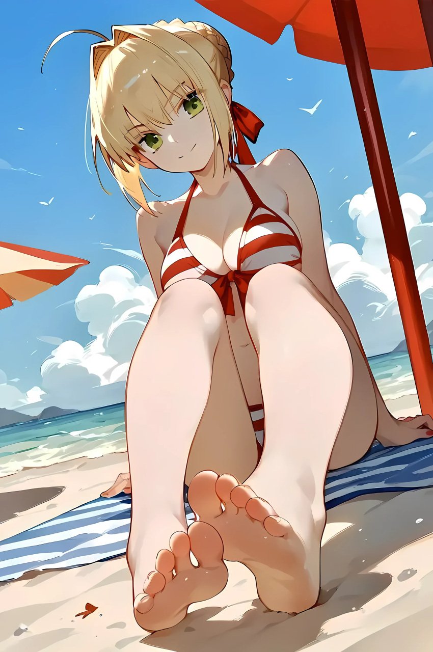 1girl ahoge ai_generated barefoot beach belly_button bikini blonde_hair fate/grand_order fate_(series) feet feet_focus female female_focus female_only green_eyes hair_bun hair_ribbon hands hi_res highres human large_breasts looking_at_viewer nero_claudius_(fate) nero_claudius_(swimsuit_caster) sitting smile smiling soles stomach tagme thighs toes