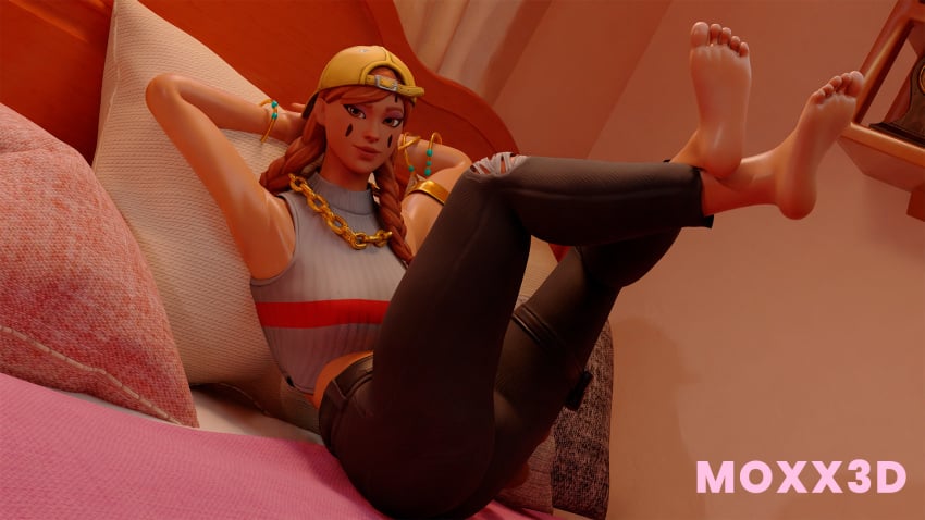 1girls armpits aura_(fortnite) bare_arms bare_shoulders barefoot feet feet_together feet_up female female female_focus female_only foot_fetish fortnite fortnite:_battle_royale laying_on_back laying_on_bed looking_at_viewer moxx3d red_hair red_hair_female thick_legs thick_thighs