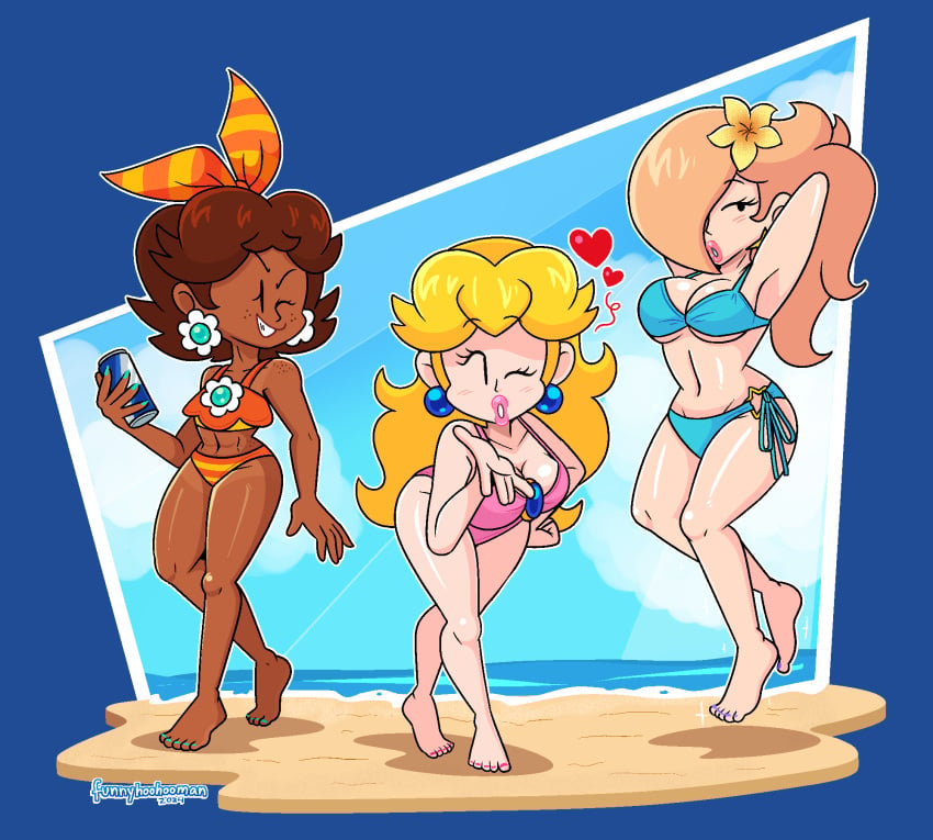 3females 3girls arms_behind_head beach breasts female female_only funnyhoohooman mario_(series) nintendo princess_daisy princess_peach princess_rosalina thighs