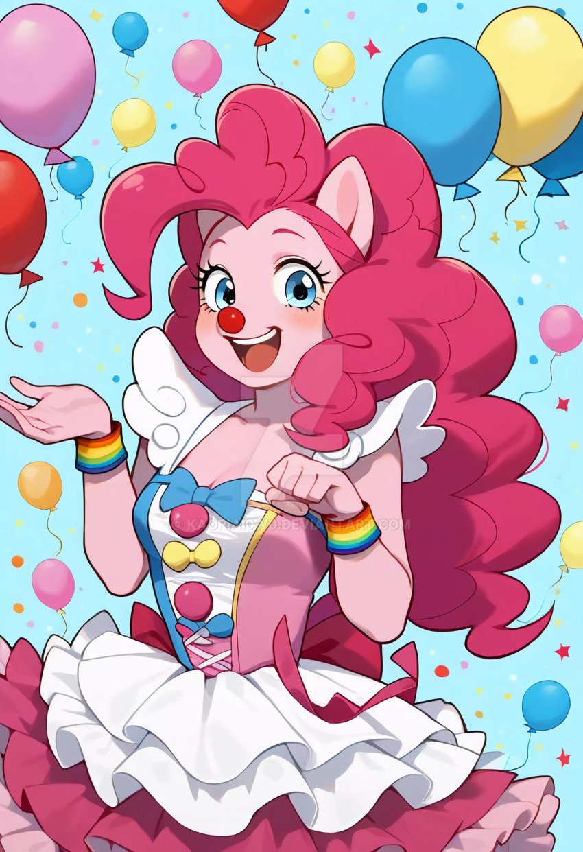 ai_generated balloons blue_eyes blush clown_girl clown_nose geiru_toneido_(cosplay) gyakuten_saiban looking_at_viewer my_little_pony open-mouth_smile pink_hair pinkie_pie_(mlp)