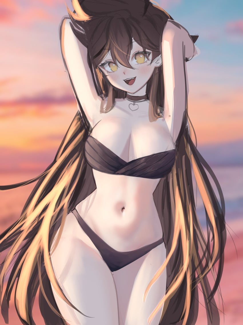 1girls armpits arms_up beach_background belly_button black_bra black_panties breasts brown_hair chocker female female_only heart-shaped_pupils heart_necklace hips large_breasts light-skinned_female light_skin long_hair necklace open_mouth original sharp_teeth sky_(skyaboveme) skyaboveme solo stomach swimwear thighs thighs_together virtual_youtuber wide_hips