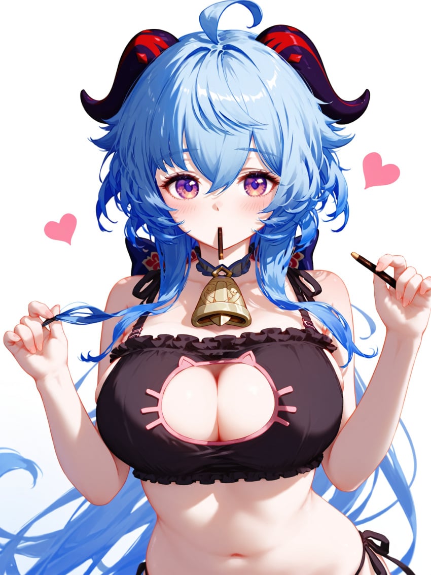 absurd_res ahoge ai_generated bangs bare_shoulders bell black_bra black_panties blue_hair blush bra breasts cat_cutout cat_lingerie choker cleavage cleavage_cutout clothing_cutout female food frilled_bra frills ganyu_(genshin_impact) genshin_impact heart horns large_breasts long_hair looking_at_viewer meme_attire ministro mouth_hold navel neck_bell panties pocky pocky_day purple_eyes side-tie_panties simple_background solo stomach underwear underwear_only white_background