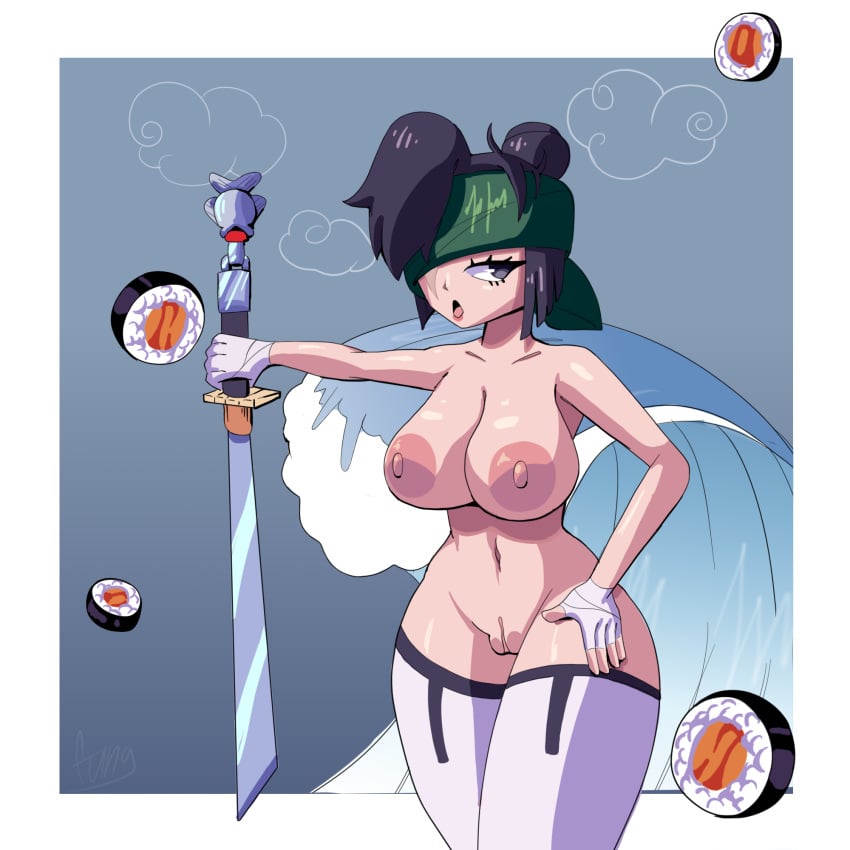 bandana big_breasts big_breasts black_hair brawl_stars cute female female_focus female_only fung_enoki katana kenji_(brawl_stars) male_to_female mtf_transformation rule63 rule_63 shaved_pussy stockings sushi wave