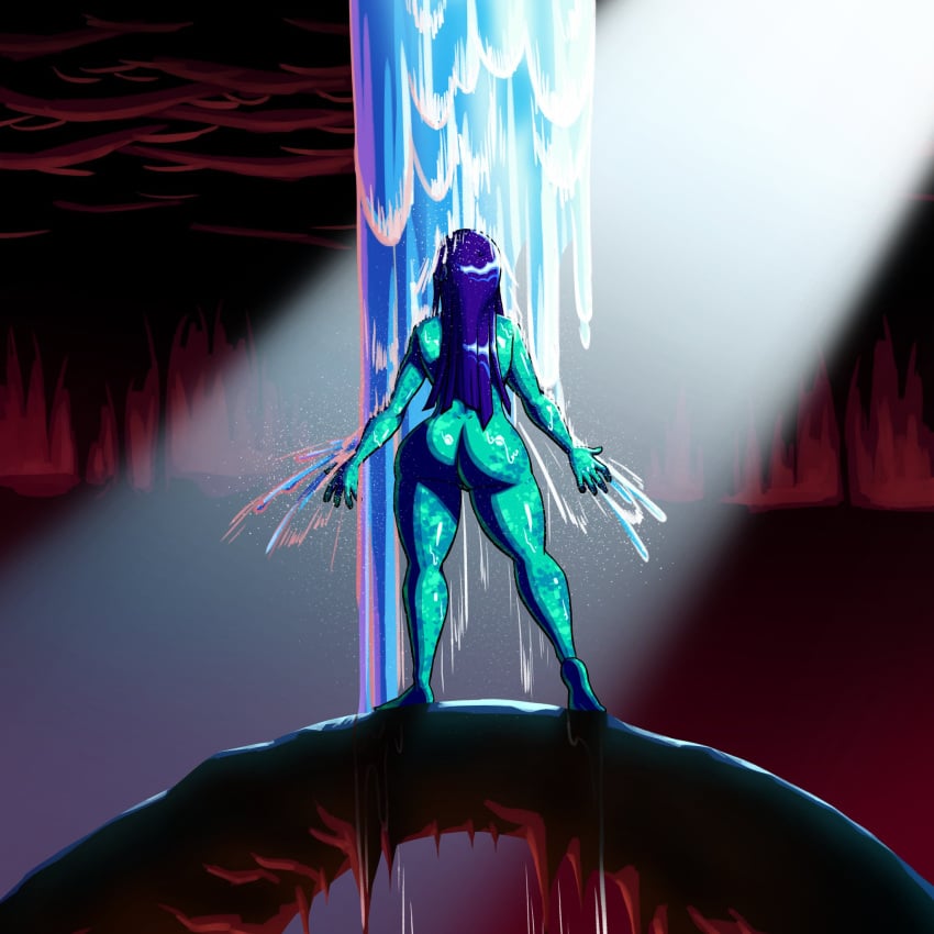 big_ass blue_hair blue_skin cave disillusion_st dripping_wet from_behind green_skin light long_hair lovetopullmicke mel_(disillusion_st) melpomene_(disillusion_st) moonlight pussy_peek shiny_skin splashing standing thick_thighs waterfall wet