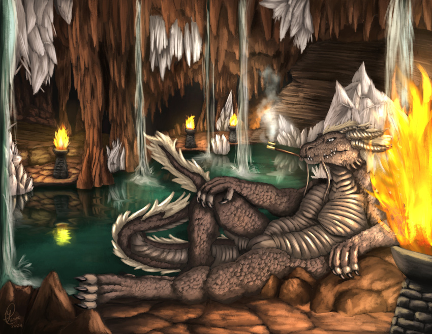 absurd_res animal_humanoid anthro cave crystal dragon dragon_humanoid eastern_dragon eastern_dragon_humanoid fire hi_res horn humanoid kysillian lying_on_ground magic male mythological_creature mythological_scalie mythology nude on_ground pool reflection scales scalie secrets_of_uncrom slit_penis smoking_pipe solo stalactite stalagmite torch uncrom water waterfall wispy_tail yenocwolf