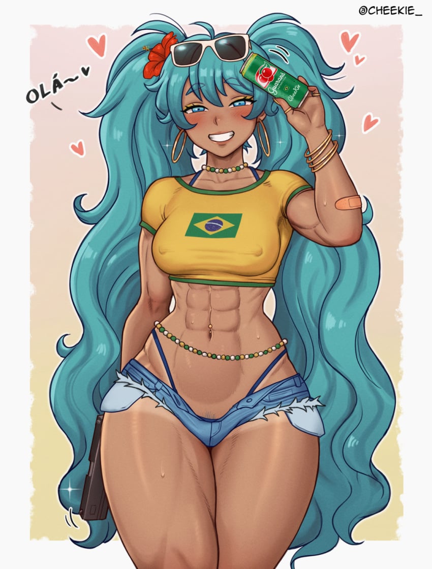 1girls abs artist_name blue_eyes blue_hair brazil brazilian brazilian_female brazilian_flag brazilian_miku cheekie0 dark-skinned_female dark_skin exposed_midriff flower_in_hair gun hatsune_miku hoop_earrings muscular_abs muscular_female short_shorts smiling tan_lines twintails vocaloid