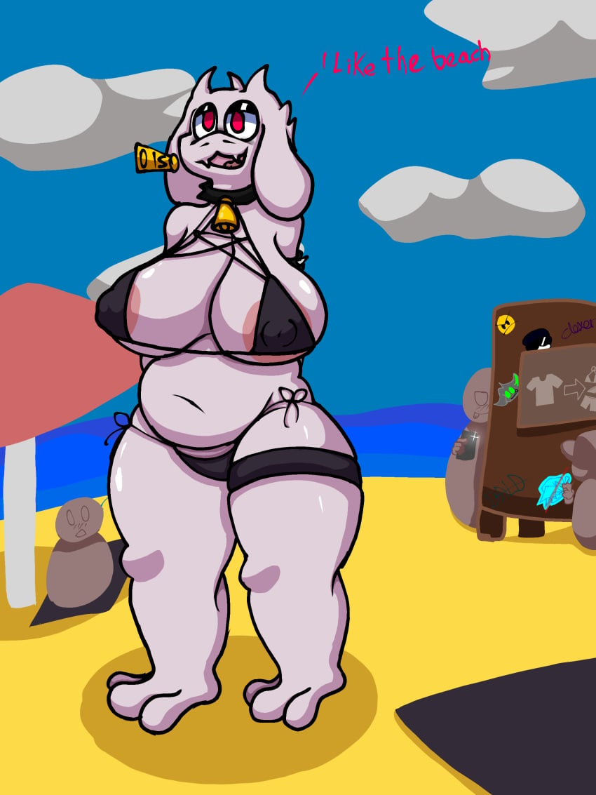 background background_character beach bell_collar belly big_breasts big_nipples big_thighs bikini boyfriend_(friday_night_funkin) choker chubby clovedex_(artist) covered_nipples cowbell female friday_night_funkin furry goat goat_girl milf nipple_bulge photo pierced_ears piercing simple_background string_bikini string_panties toriel undertale white_fur