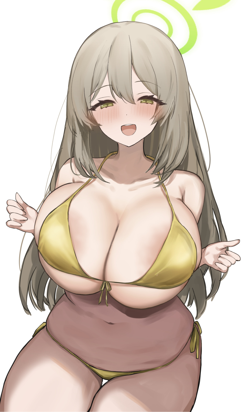 1girls :d absurdres abydos_high_school_student areola_slip bikini blue_archive blush breasts cleavage female female_only foreclosure_task_force_(blue_archive) green_eyes halo highres huge_breasts light-skinned_female light_brown_hair light_skin long_hair looking_at_viewer navel nonomi_(blue_archive) nonomi_(swimsuit)_(blue_archive) official_alternate_costume open_mouth otsumami_(02mami) side-tie_bikini_bottom smile solo swimsuit teeth thighs upper_teeth_only yellow_bikini