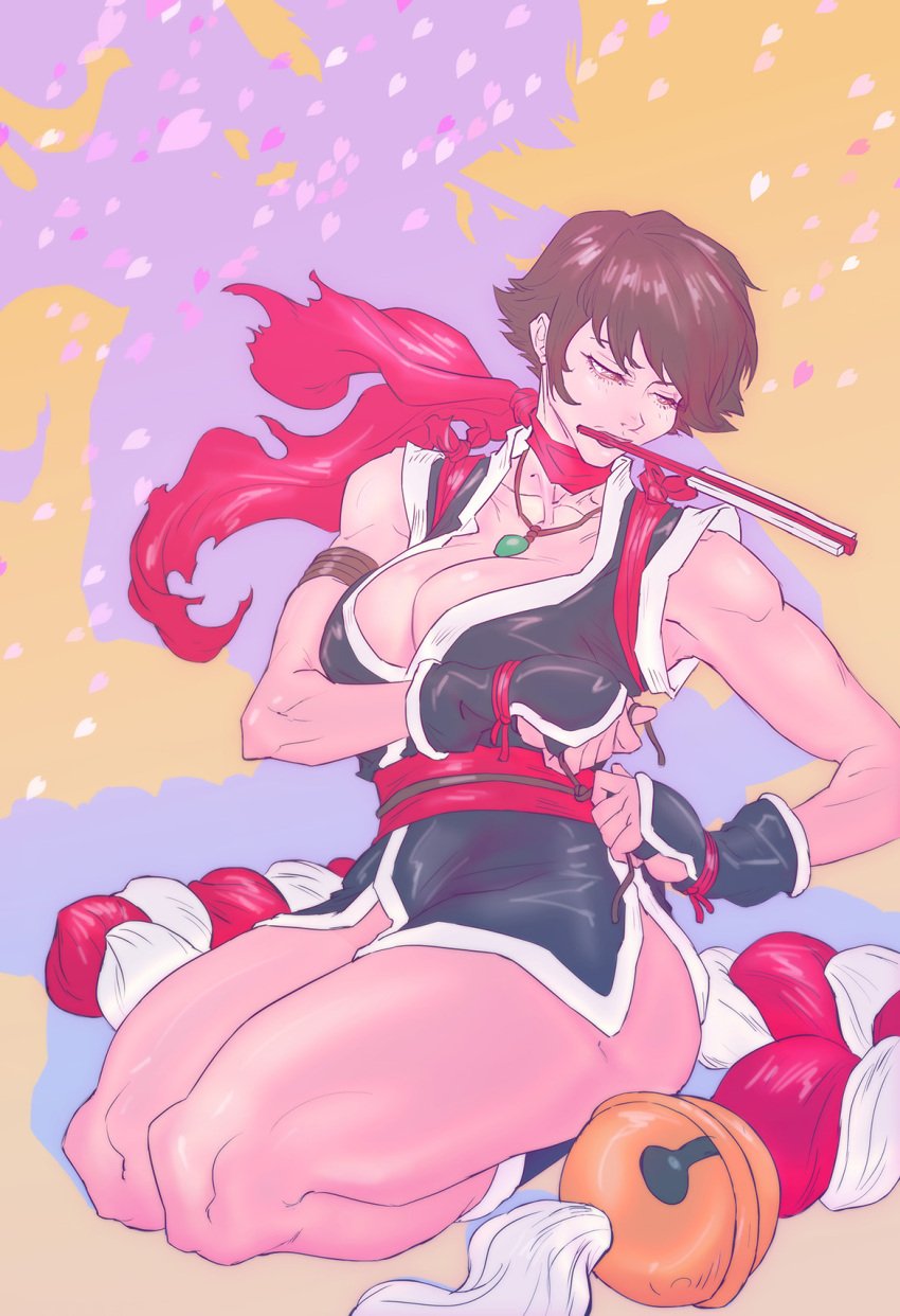 1girls alternate_costume bell belt big_breasts brown_hair fatal_fury female female_only gloves human japanese japanese_clothes king_of_fighters king_of_fighters_maximum_impact kneeling light_skin mai_shiranui necklace scarf short_hair sitting snk solo tail