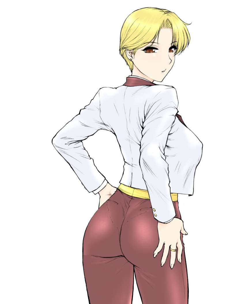 big_ass big_breasts big_breasts big_butt blonde_hair brown_eyes clothed earring female hand_on_butt king_(snk) king_of_fighters light_skin long_sleeves looking_at_viewer looking_back nipple_bulge nipples_visible_through_clothing pants pepsitou ring short_hair st.germain-sal suit