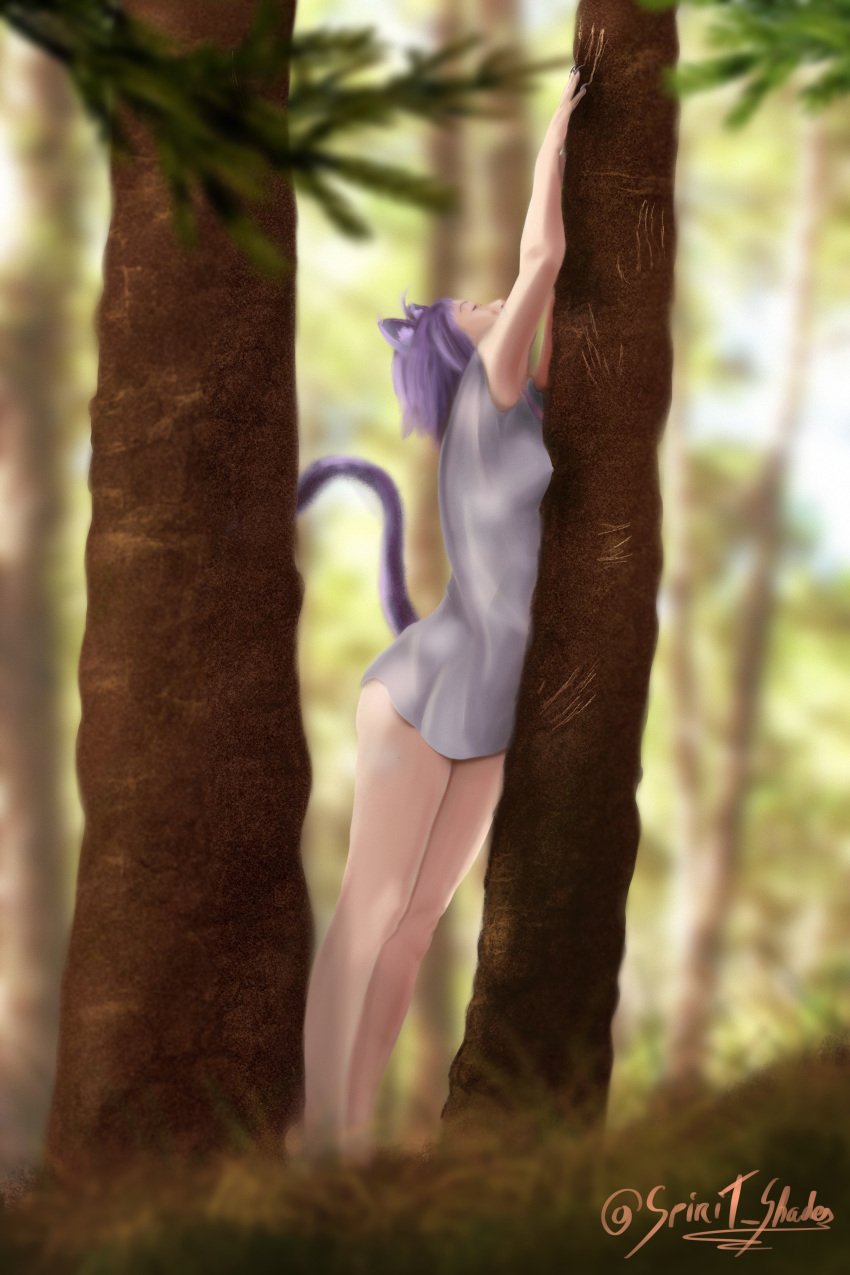 alternate_version_available catgirl forest_background hololive legs nekomata_okayu purple_hair shirt_only spirit_shades virtual_youtuber