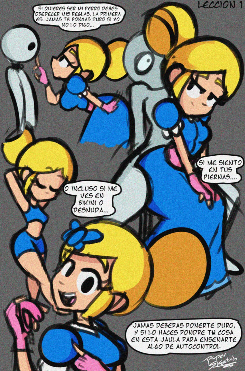 1boy 1girls blonde_hair brawl_stars chastity_cage clothed dialogue dominant_female dress female female_domination femdom luna_hombre male malesub papersketch piper_(brawl_stars) spanish_text