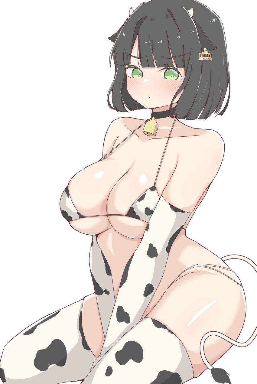 1girls :/ animal_ears animal_print animal_print_bikini bad_id bad_twitter_id bell bikini black_hair blunt_bangs blunt_ends blush breasts cleavage collarbone cow_ears cow_horns cow_print cow_print_bikini cow_print_gloves cow_print_thighhighs cowbell cowboy_shot elbow_gloves eyebrows eyebrows_visible_through_hair fake_animal_ears fake_horns gloves green_eyes hand_between_legs hand_between_thighs horns large_breasts link!_like!_love_live! long_gloves looking_at_viewer love_live! micro_bikini momose_ginko neck_bell print_bikini print_gloves print_thighhighs rokoroko_65 simple_background solo solo_female swimsuit thighhighs twitter_link virtual_youtuber white_background white_bikini white_gloves white_thighhighs