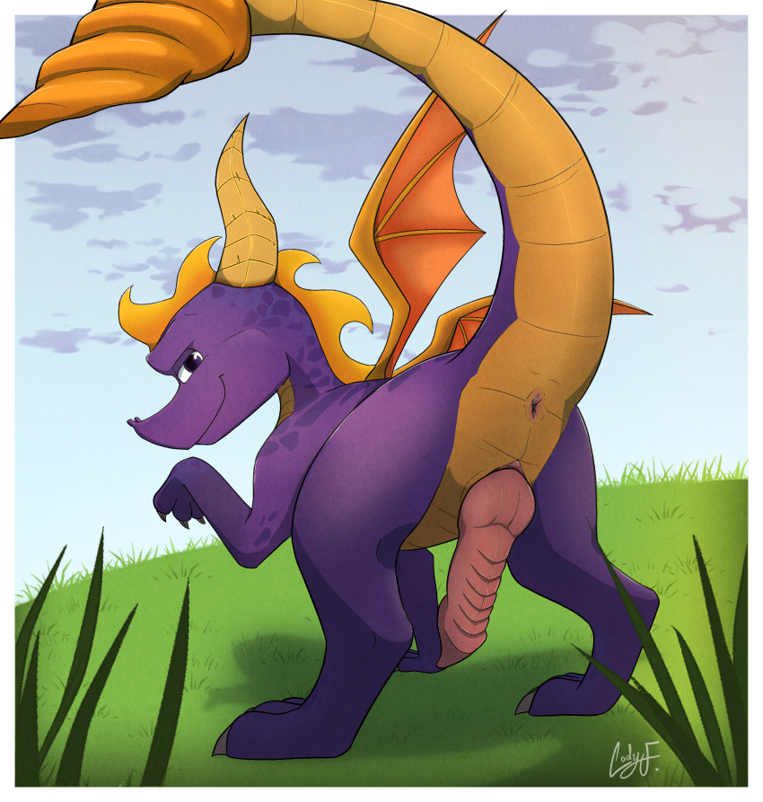 activision anus codyf0xx dragon feral genitals hi_res knot knotted_penis looking_at_viewer looking_back male mythological_creature mythological_scalie mythology penis purple_body purple_eyes raised_tail ridged_penis scalie spyro_reignited_trilogy spyro_the_dragon tail wings