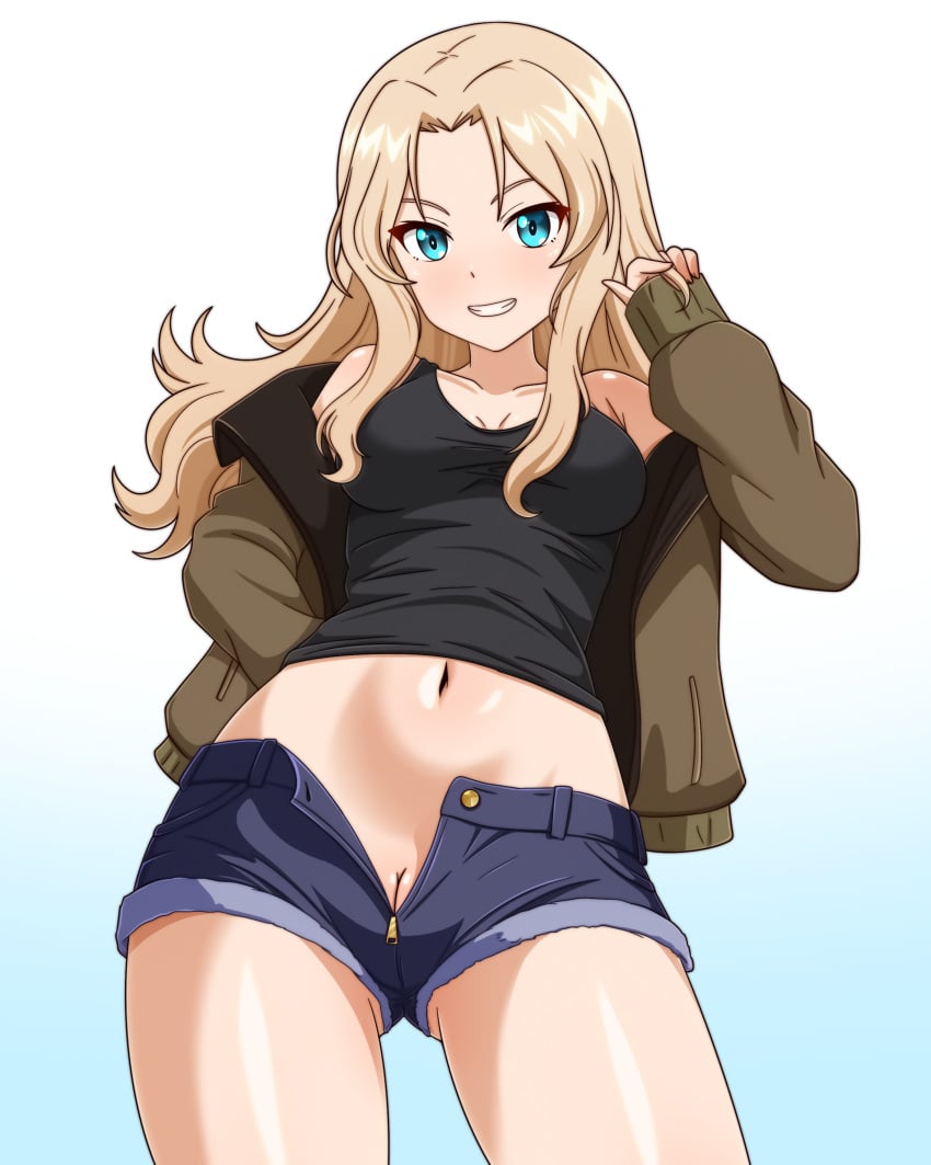 absurdres black_shirt blonde_hair blue_eyes blush breasts cleavage dullahan_(alekey_art) female girls_und_panzer gradient_background grin highres kay_(girls_und_panzer) long_hair looking_at_viewer medium_breasts midriff military_uniform navel no_panties open_clothes open_shorts pussy saunders_military_uniform shirt short_shorts shorts simple_background smile solo uniform