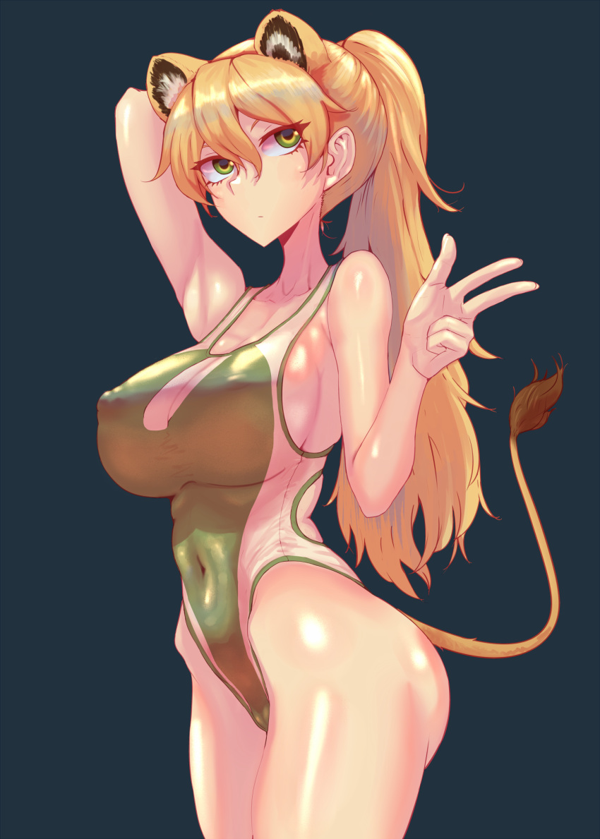 1girls animal_ears bare_shoulders bare_thighs blonde_female blonde_hair cameltoe feet_out_of_frame female female_only hair_between_eyes knees_out_of_frame large_breasts light-skinned_female light_skin lion_ears lion_girl lion_tail naze1941_nahm nipple_bulge nipples_visible_through_clothing one-piece_swimsuit peace_sign simple_background tagme tagme_(character) tail world_witches_series