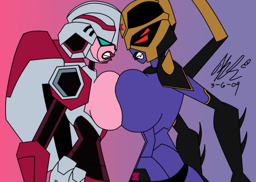 2009 2girls angry arcee arcee_(tfa) asymmetrical_docking autobot big_breasts blackarachnia blackarachnia_(tfa) breast-to-breast breast_size_difference breasts decepticon female female_autobots female_decepticons female_only giant_breasts huge_breasts large_breasts mecha_musume mechanical multiple_girls ragetreb robot robot_girl symmetrical_docking transformers transformers_animated