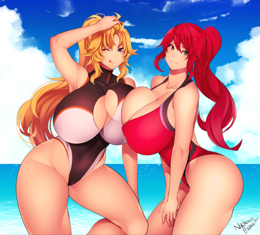 2girls asymmetrical_docking beach big_breasts blonde_hair breasts_bigger_than_head female female/female female_focus female_only green_eyes high_ponytail huge_breasts long_hair multiple_girls nachocobana nipples nipples_visible_through_clothing ponytail purple_eyes pyrrha_nikos red_hair rooster_teeth rwby seaside sidelocks swimsuit yang_xiao_long yuri