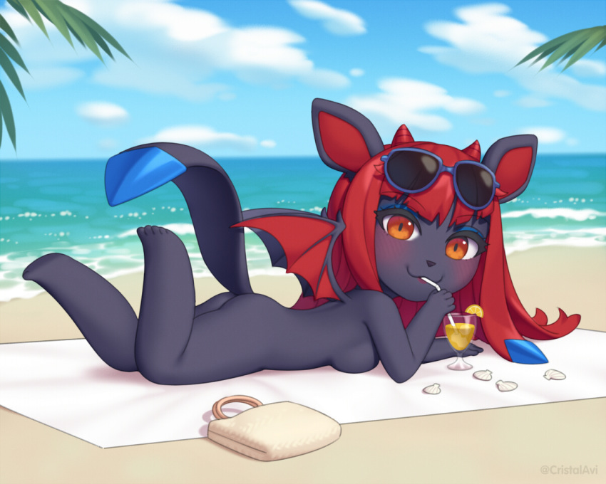 1girls alternate_color anthro ass back beach blush breasts chibi cristalavi drink eyeshadow female furry glaceon hime_cut horns looking_at_viewer lying makeup nude ocean on_stomach orange_eyes original_character outdoors pokemon red_hair sideboob smile solo straw succubus sunglasses sunglasses_on_head tail towel water