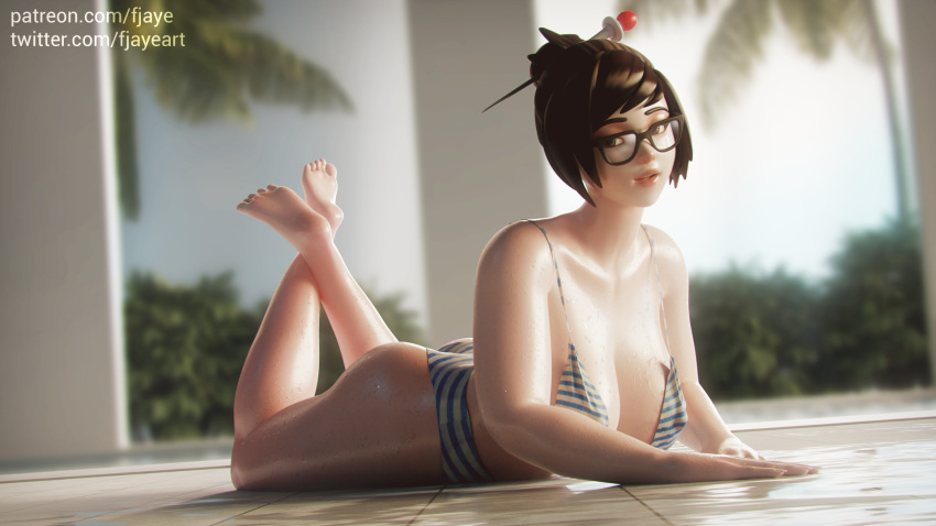 1girls 3d big_ass big_breasts bikini bikini_bottom bikini_top blender blizzard_entertainment blurry_background brown_hair curvy feet feet_up female female_only fjaye french_nails glasses hair_bun hair_pin hi_res indoor_pool indoors laying_down legs_up looking_at_viewer lying mei_(overwatch) mei_ling_zhou on_stomach overwatch pool posing sci-fi science_fiction scifi short_hair smile solo solo_female striped_bikini thick thick_thighs voluptuous wet wet_skin