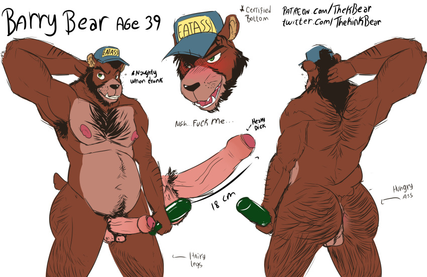 alcohol anthro armpit_hair barry_bear_(thekbear) beer beverage blush body_hair bottle brown_bear butt_hair chest_hair clothing drunk english_text facial_hair fangs genitals green_eyes half-closed_eyes hat headgear headwear hi_res male male_only mammal musclegut narrowed_eyes nipples nude penis profanity pubes solo substance_intoxication text thekinkybear tusks uncut url ursid ursine