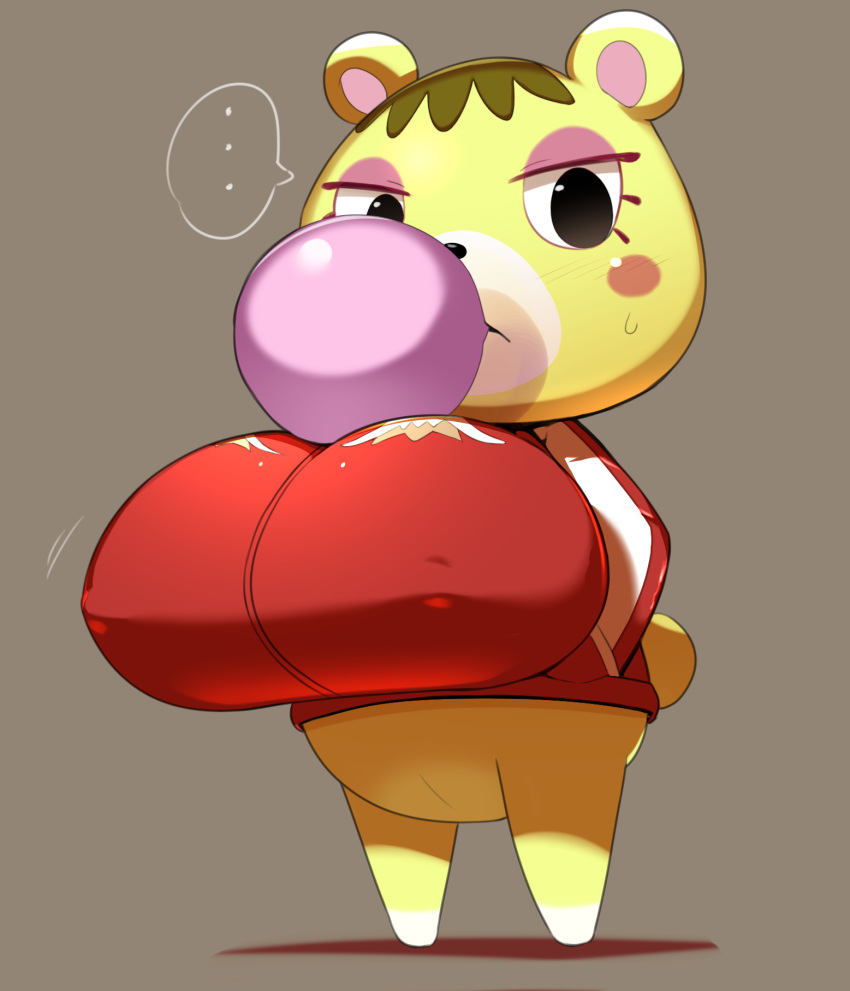 ... animal_crossing anthro big_breasts blush blush_stickers bodily_fluids bottomless breasts brown_hair bubble bubble_gum candy clothed clothing eyeshadow female food fur genitals gum hair hi_res huge_breasts jacket makeup mammal nintendo nipple_outline obikuragetyan pussy shortstack solo speech_bubble sweat sweatdrop tammy_(animal_crossing) top_heavy topwear ursid video_games yellow_body yellow_fur