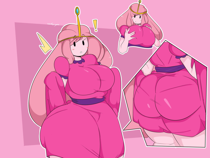 adventure_time ass ass_in_dress blush breast_squeeze clothed clothing hair holding_breasts huge_ass huge_breasts looking_back midriff mouth_open panties pink_clothing pink_hair pink_skin princess_bubblegum see-through_clothing shiny_clothes surprised thick_ass thick_thighs thighs uuforya