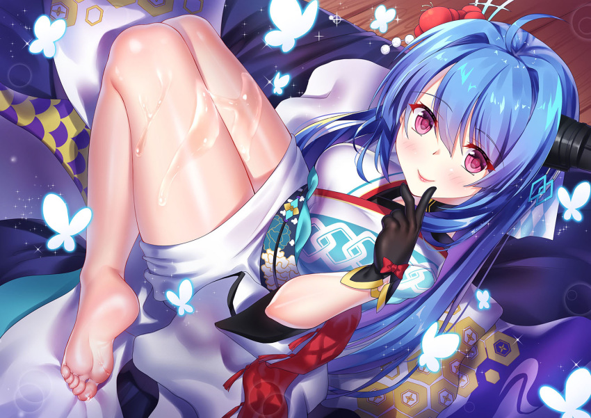 1girls ame_wa_agattano azur_lane barefoot big_breasts black_glove blue_hair breasts clothed clothing cum eagle_union_(azur_lane) feet female female_only glove helena_(azur_lane) helena_(new_year's_bluebird)_(azur_lane) kimono light-skinned_female light_skin looking_at_viewer purple_eyes skirt_lift solo