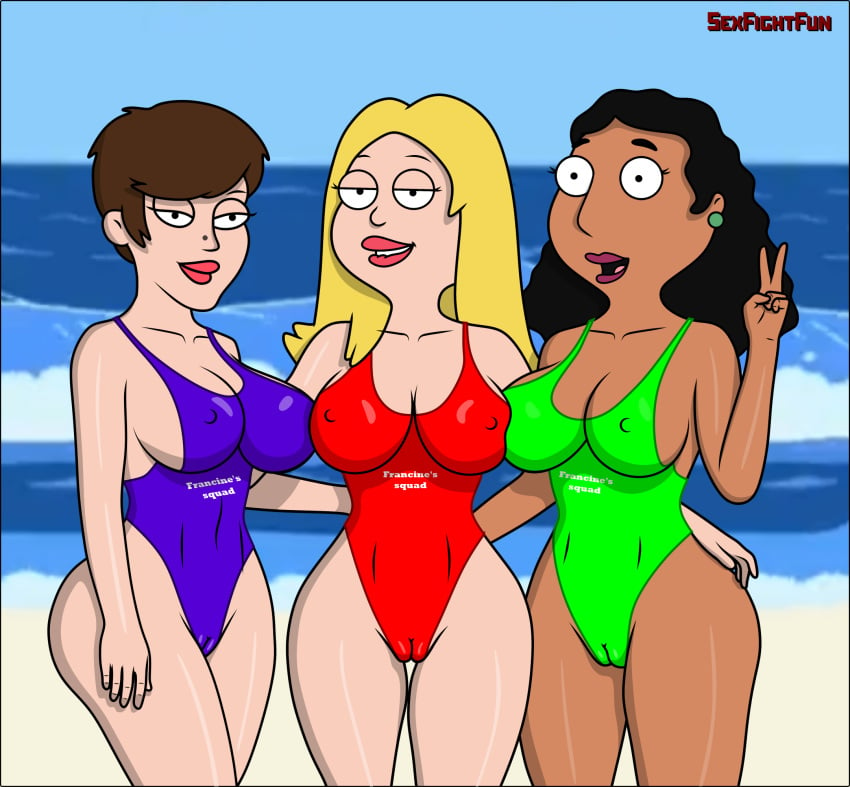 american_dad beach between_labia bikini blonde_hair brown_hair cameltoe erect_nipples francine_smith innie_pussy linda_memari security_guard security_guard_(american_dad) sexfightfun smiley_face swimsuit threesome tight_clothing trio yuri