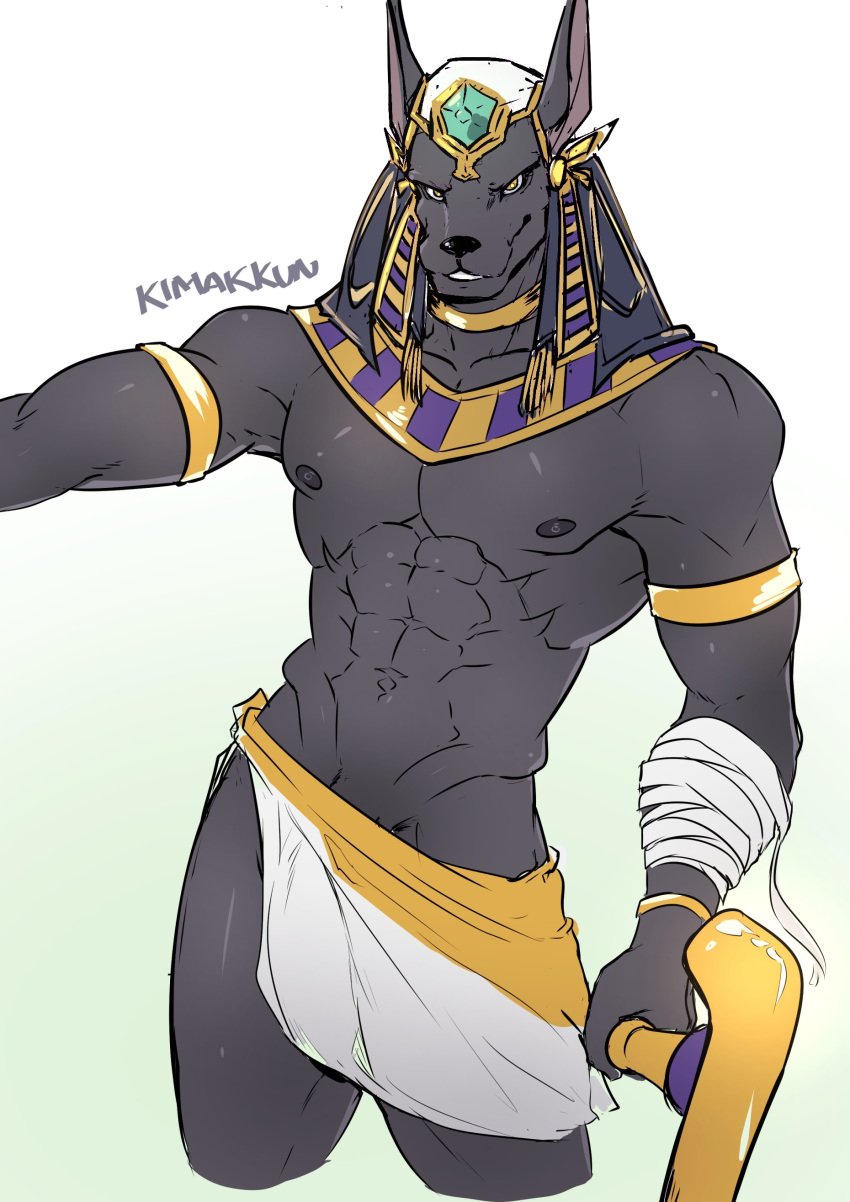 2020 abs absurd_res anthro anubian_jackal anubis armlet black_body bracelet canid canine canis clothed clothing deity digital_media_(artwork) egyptian egyptian_mythology fur genitals hi_res jackal jewelry kimakkun looking_at_viewer male male_only mammal middle_eastern_mythology muscular muscular_male mythology navel nipples pecs penis penis_base simple_background smile solo standing yellow_eyes