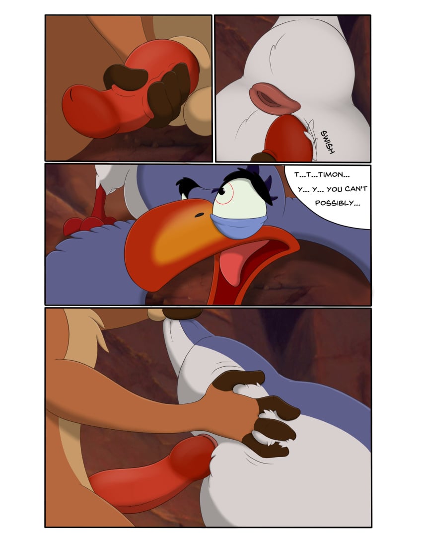 2017 absurd_res anal anatomically_correct animal_genitalia ass avian balls beak bird black_eyes blue_body blue_fur border bucerotiform cloaca comic detailed_background dialogue digital_media_(artwork) disney duo english_text feral forced fur gay genitals herpestid hi_res hornbill male male/male male_only mammal mcfan meerkat penis rape red-billed_hornbill sex sheath speech_bubble text the_lion_king timon white_border yaoi zazu