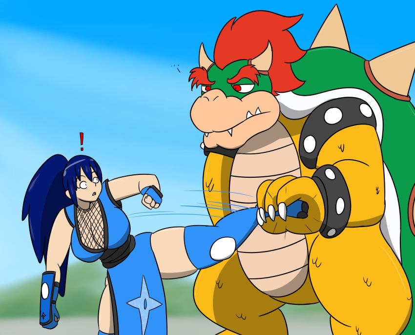 ! ... 1boy 1girls anthro big_breasts blush bowser claws fangs female foot_grab greninja huge_breasts humanized igphhangout large_breasts larger_male male mario_(series) mizu_(igphhangout) nintendo pokemon pokemon_(species) red_eyes red_hair reptile shocked_expression smaller_female super_smash_bros. thick_hips thick_legs thick_thighs thighhighs wide_hips