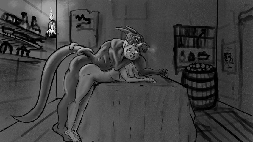 16:9 anthro argonian bethesda_softworks duo felid female fern_plant furry greyscale hi_res horn katia_managan khajiit looking_pleasured male mammal monochrome nude oblivion prequel reptile scalie sex straight the_elder_scrolls video_games webcomic widescreen