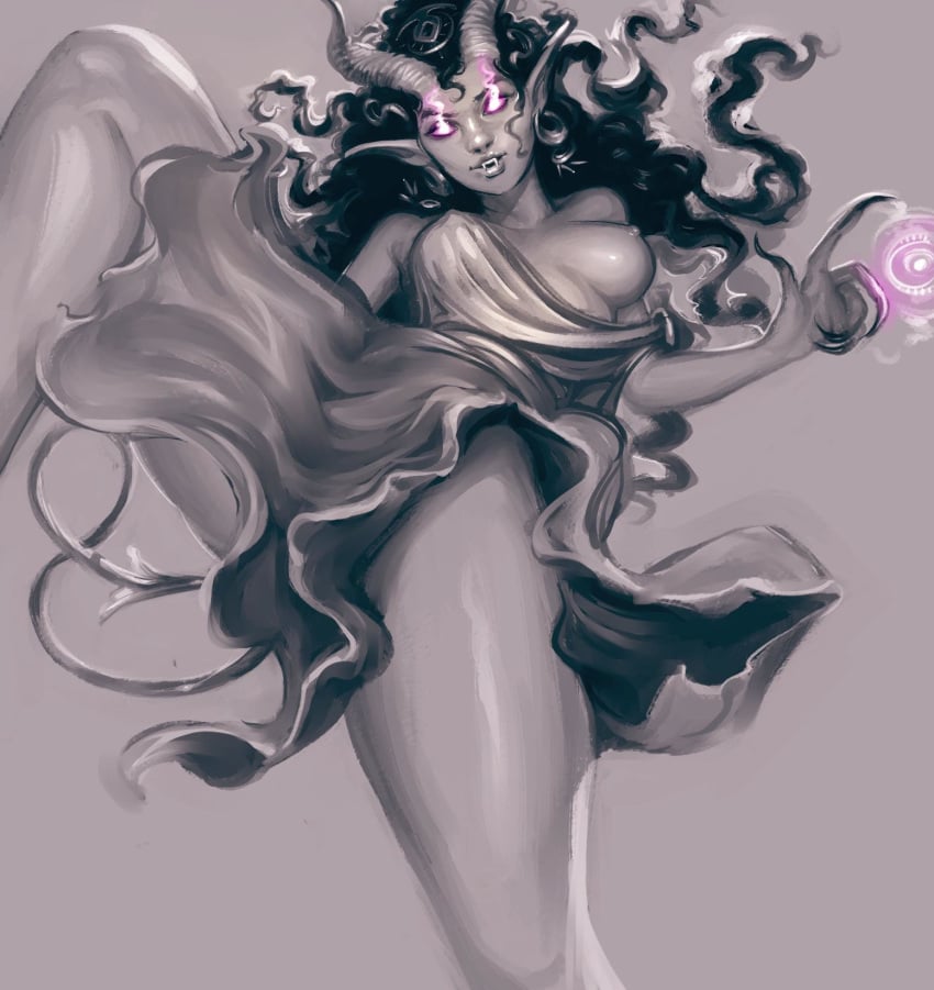 aurelia_(game) bare_shoulders breasts breasts_out covered_nipples demon_girl demon_horns demon_tail dress earrings erza_(aurelia) fangs female fingernails glowing glowing_eyes grey_background greyscale highres horns jewelry leg_up long_fingernails long_hair magic monochrome nipples parted_lips pointy_ears purple_eyes sharp_fingernails simple_background solo spot_color tail walnusstinte