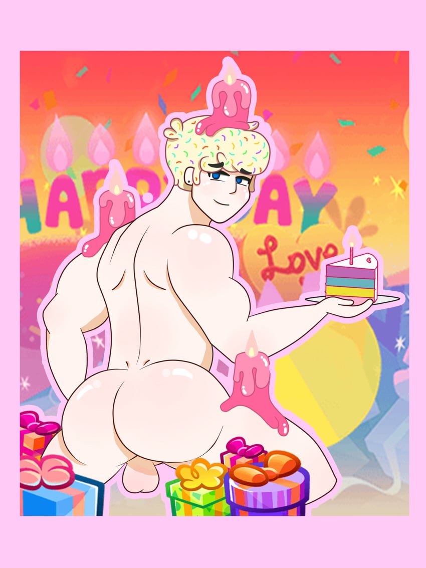 1boy ass back back_muscles back_view balls bara biceps big_ass big_butt birthday_cake birthday_cake_cookie birthday_card birthday_gift blonde blonde_hair blue_eyes bubble_ass bubble_butt butt_focus cake cake_slice candle candles cookie_run dat_ass genderswap_(ftm) gift gifts huge_ass huge_butt human human_only humanized light-skinned_male light_skin looking_at_viewer looking_back maddammmx male male_focus male_only muscle muscles muscular muscular_male nude nude_male pale-skinned_male pale_skin pink_background pink_candle pink_candles presenting presenting_ass presenting_butt presenting_hindquarters rule_63 smile smiling solo solo_focus solo_male white_skin