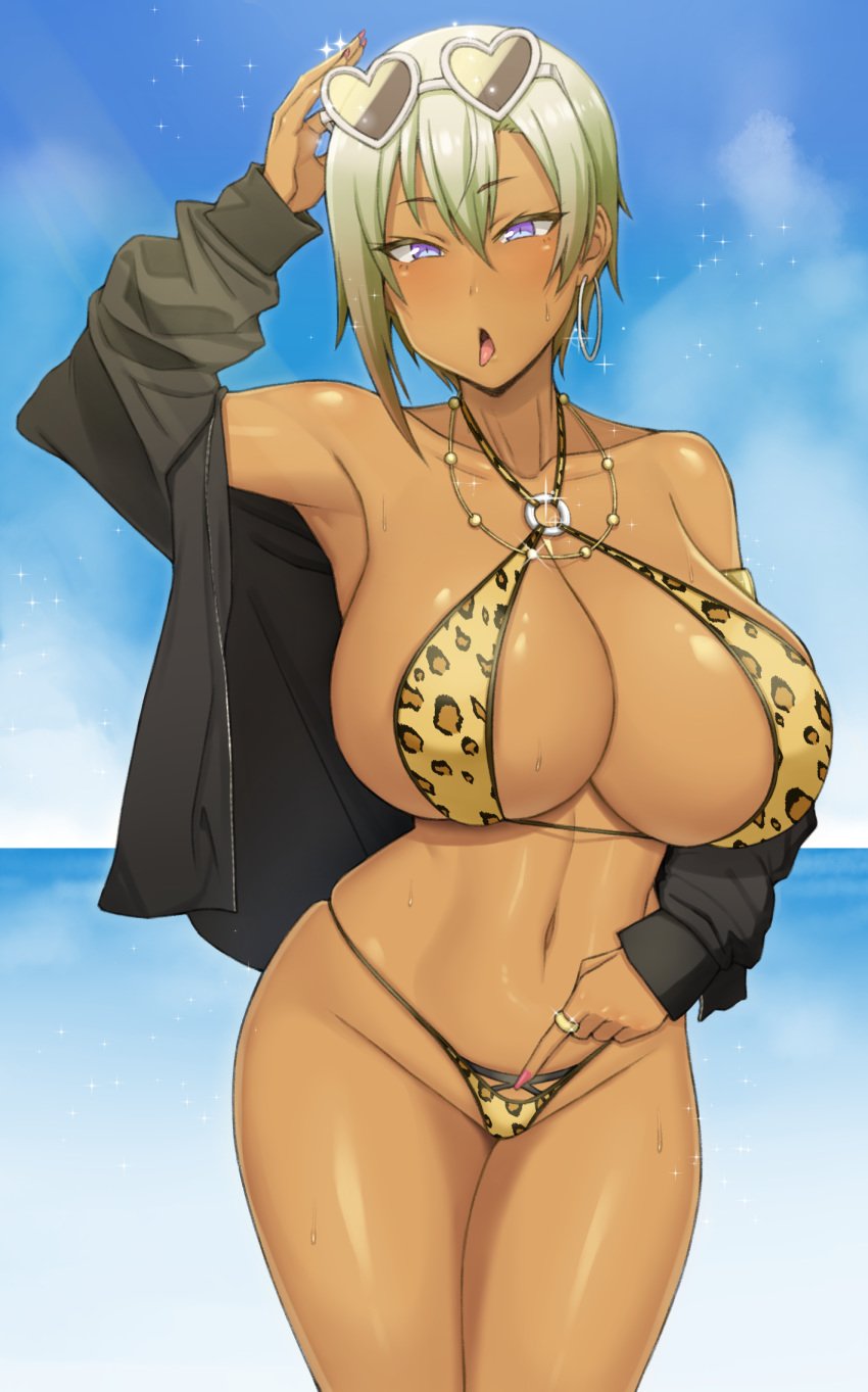 1girls arm_up armpits big_breasts bikini breasts dark_skin female_only glasses glasses_on_head gyaru hajimete_no_gal handplug heart-shaped_sunglasses huge_breasts kuro_gyaru leopard_print mature_female nail_polish nipples nipples_visible_through_clothing outdoors pointing_at_self ranko_honjou short_hair solo solo_female solo_focus sunglasses thick_thighs