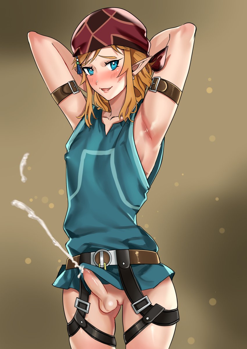 1boy armpits arms_above_head blush breath_of_the_wild climber's_bandana climber_link climbing_gear_(breath_of_the_wild) cumming femboy girly link link_(breath_of_the_wild) looking_at_viewer male_only nintendo smile tamatamako the_legend_of_zelda trap