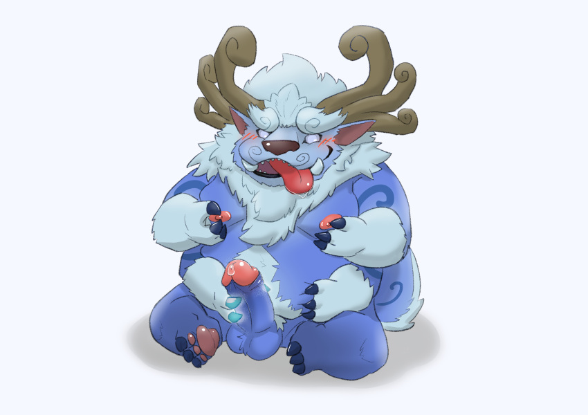 1boy 2021 absurd_res anthro balls blue_body blush erection genitals hi_res hokolee32 kemono league_of_legends male male_only moobs nipples overweight overweight_male penis riot_games simple_background sitting solo video_games willump