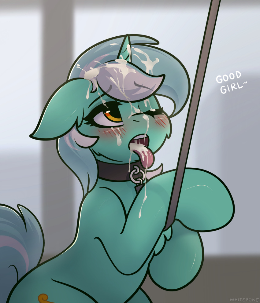 blush bodily_fluids chest_tuft collar cum cum_on_face equid equine female feral friendship_is_magic fur furry genital_fluids green_body green_fur hasbro hi_res horn leash lyra_heartstrings_(mlp) mammal my_little_pony one_eye_closed solo tongue tongue_out tuft unicorn whitepone