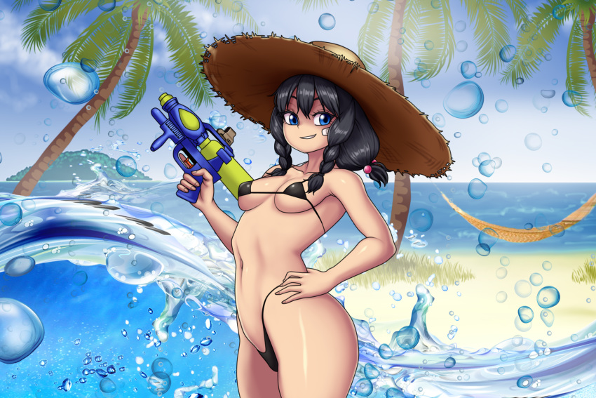 anji_(mk001black) black_hair blue_eyes braid female female_only hammock mk001black ocean original original_character original_characters palm_tree sea seaside solo straw_hat swimsuit swimwear teenager twin_braids water_drop wave younger_female