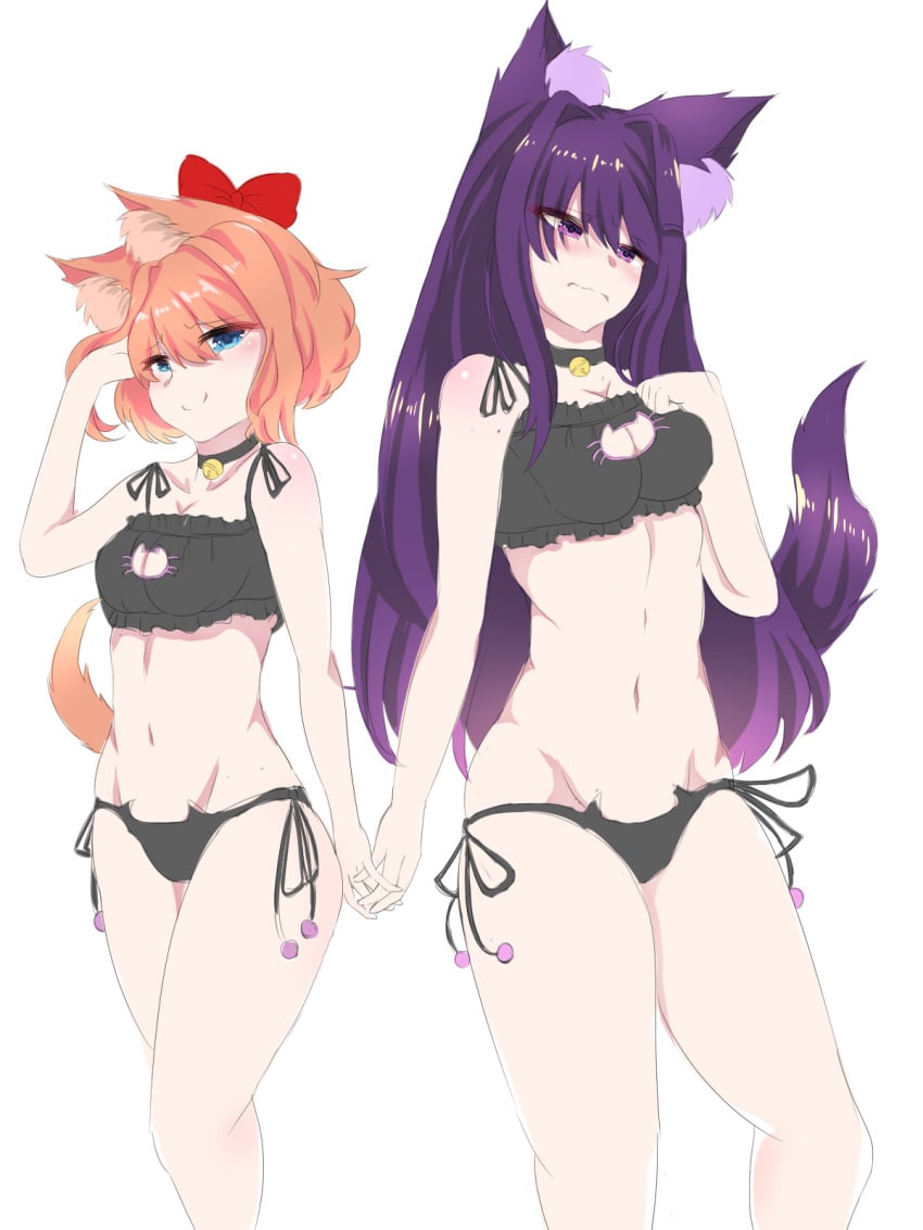 2girls bell black_panties blue_eyes bow breasts cat_bra cat_cutout cat_ears cat_keyhole_bra cat_lingerie cat_panties crunnix doki_doki_literature_club eyebrows_visible_through_hair female female_only hairbow holding_hands looking_at_viewer multiple_girls neko orange_hair orange_tail purple_eyes purple_hair purple_tail red_bow sayori_(doki_doki_literature_club) simple_background strawberry_blonde_hair thigh_gap thighs yuri_(doki_doki_literature_club)