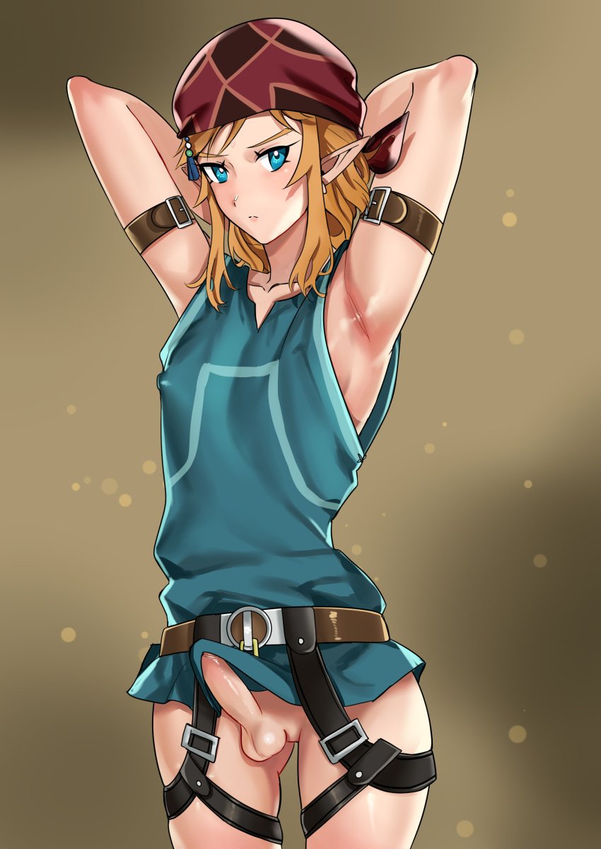 1boy androgynous armpits arms_behind_head blonde_hair blue_eyes breath_of_the_wild climber's_bandana climber_link climbing_gear_(breath_of_the_wild) femboy feminine_male girly link link_(breath_of_the_wild) looking_at_viewer male_only nintendo penis small_penis tamatamako the_legend_of_zelda trap