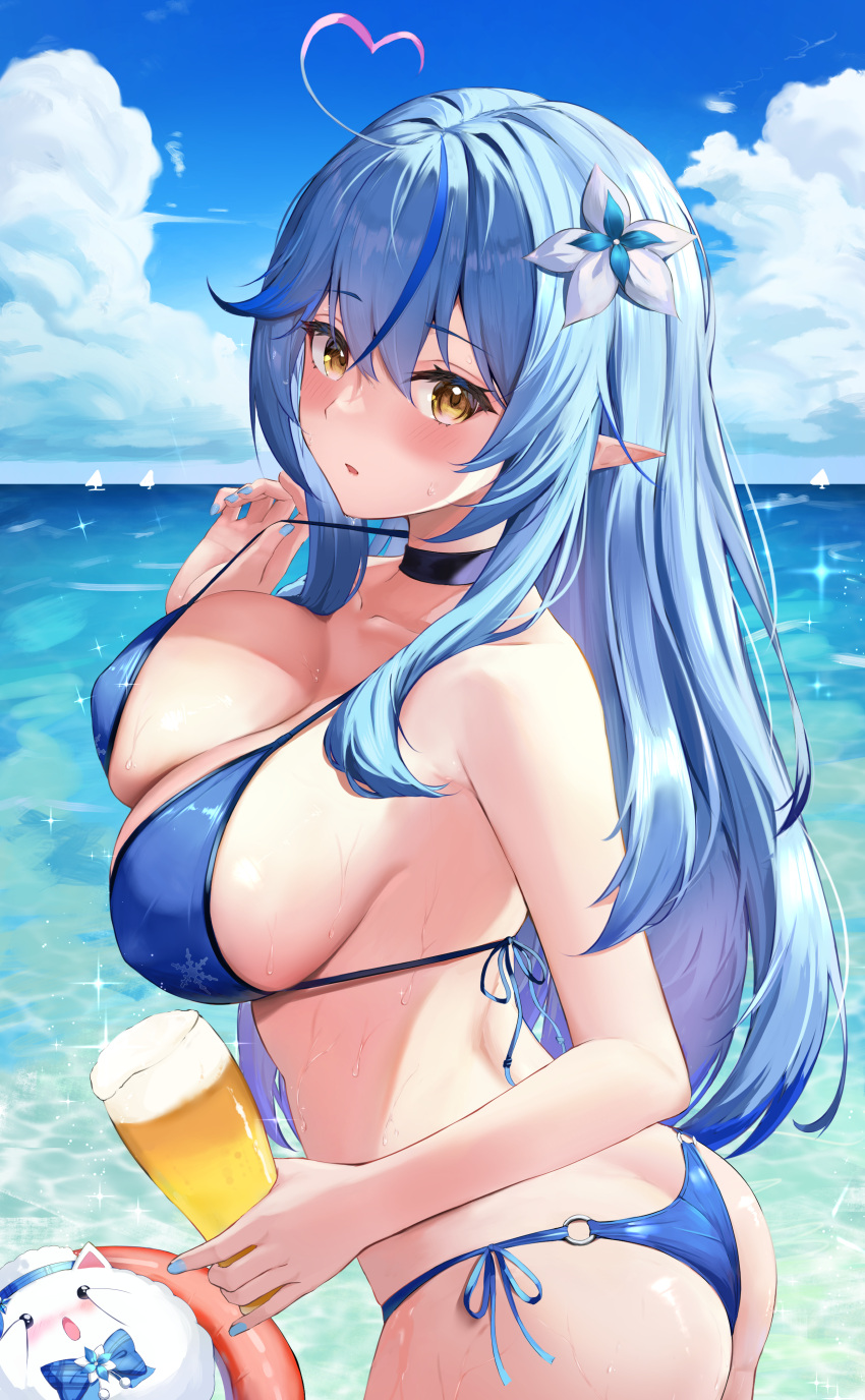 1girls 2022 absurdres ahoge alcohol artist_request ass bangs beer bikini bikini_pull black_choker blue_bikini blue_bow blue_hair blue_nails blue_sky blush bow breasts choker cleavage clothes_pull cloud cup drink eyebrows_visible_through_hair female female_focus female_only flower foam from_side hair_between_eyes hair_flower hair_ornament heart heart_ahoge highres holding holding_cup holding_drink hololive hololive_gen_5 hololive_japan large_breasts long_hair looking_at_viewer looking_to_the_side ocean parted_lips pointy_ears pulled_by_self side-tie_bikini sky snowflake_print solo solo_female sparkle strap_pull suiran_(liquiddoes) swimsuit virtual_youtuber water wet white_flower yellow_eyes yukihana_lamy yukimin_(yukihana_lamy)